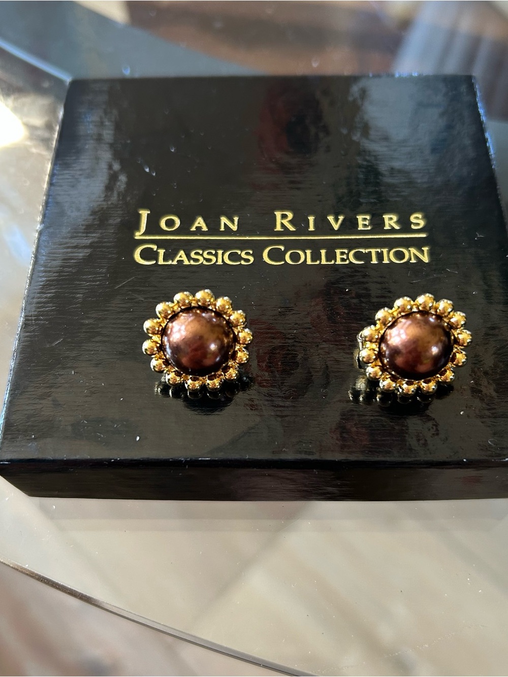 Joan Rivers Brown faux Pearl and Gold Floral Halo clip Earrings